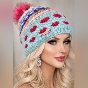 Hand Knits 2 Love Beanie Slouch Winter Hat Designer Fair-isle Hearts Multicolors